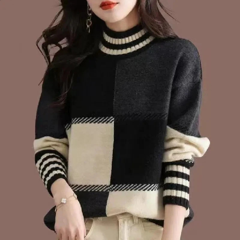 Womens Jumper Plaid Patchwork Turtleneck Sweater Autumn Winter Loose Casual Long Sleeve Thick Knitted Top Female Wool Knitwear 240812