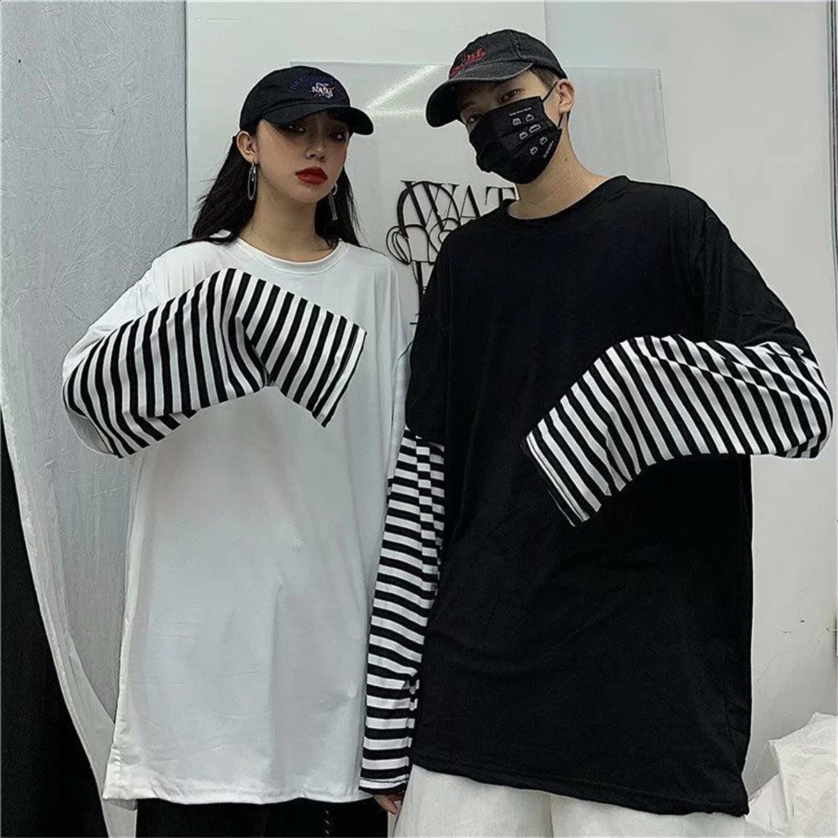 Couple Striped Patchwork T-Shirt Men Women Autumn Tops Boys Solid Long Sleeve T Shirt Fashion Japanese Gothic Japan T Shirt 240812