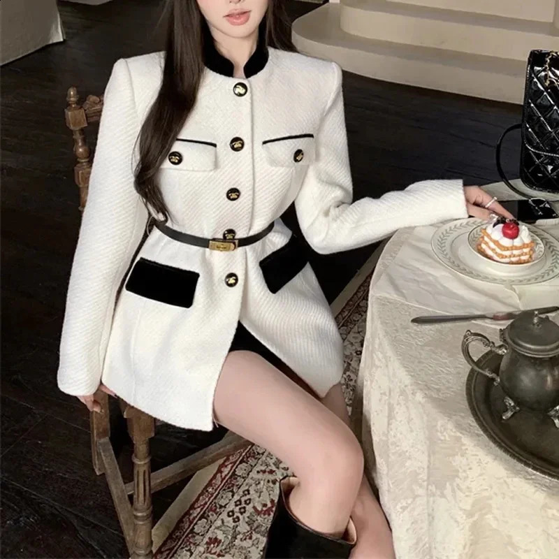 Spring Trendy Tweed Jacket for Women Mid Length Single Breasted Coat Vintage Elegant Slim Fitting Autumn Chic Office Blazer 240813