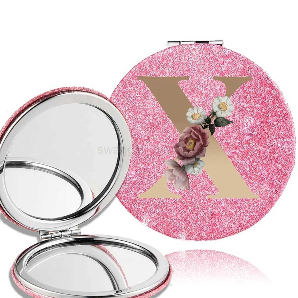 Portable Folding Shiny Double-Sided Makeup Mirror Leather Cosmetic Mirror Pocket Magnifying Hand Gold Letter Pattern Beauty ToolXJ240813