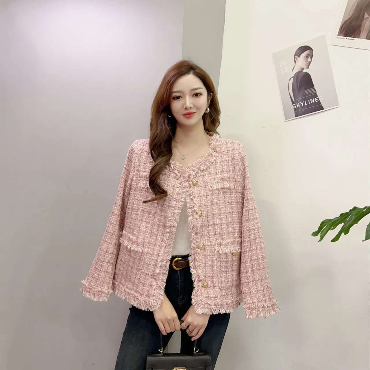 Women Elegant Long Sleeve Open Front Round Neck Fringed Plaid Tweed Jacket Korean Style Fashion Streetwear Mori Girl Coat 240812