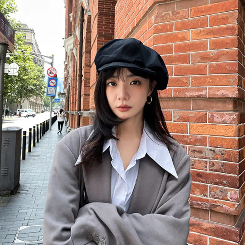 Big Solid Color Beret Octagonal Caps For Women Men French Lazy Street Artist Painter Hats Cotton Short Eaves Pleats Baseball Cap 240805