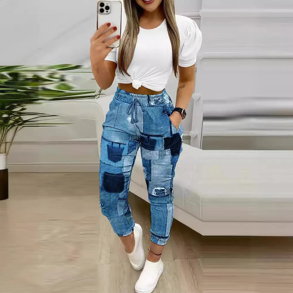 Spring Summer Short Sleeved Two Piece Set 2024 Elegant And Fashion Women Suit Loose Casual Printed Trouser Suit Office Lady 240813