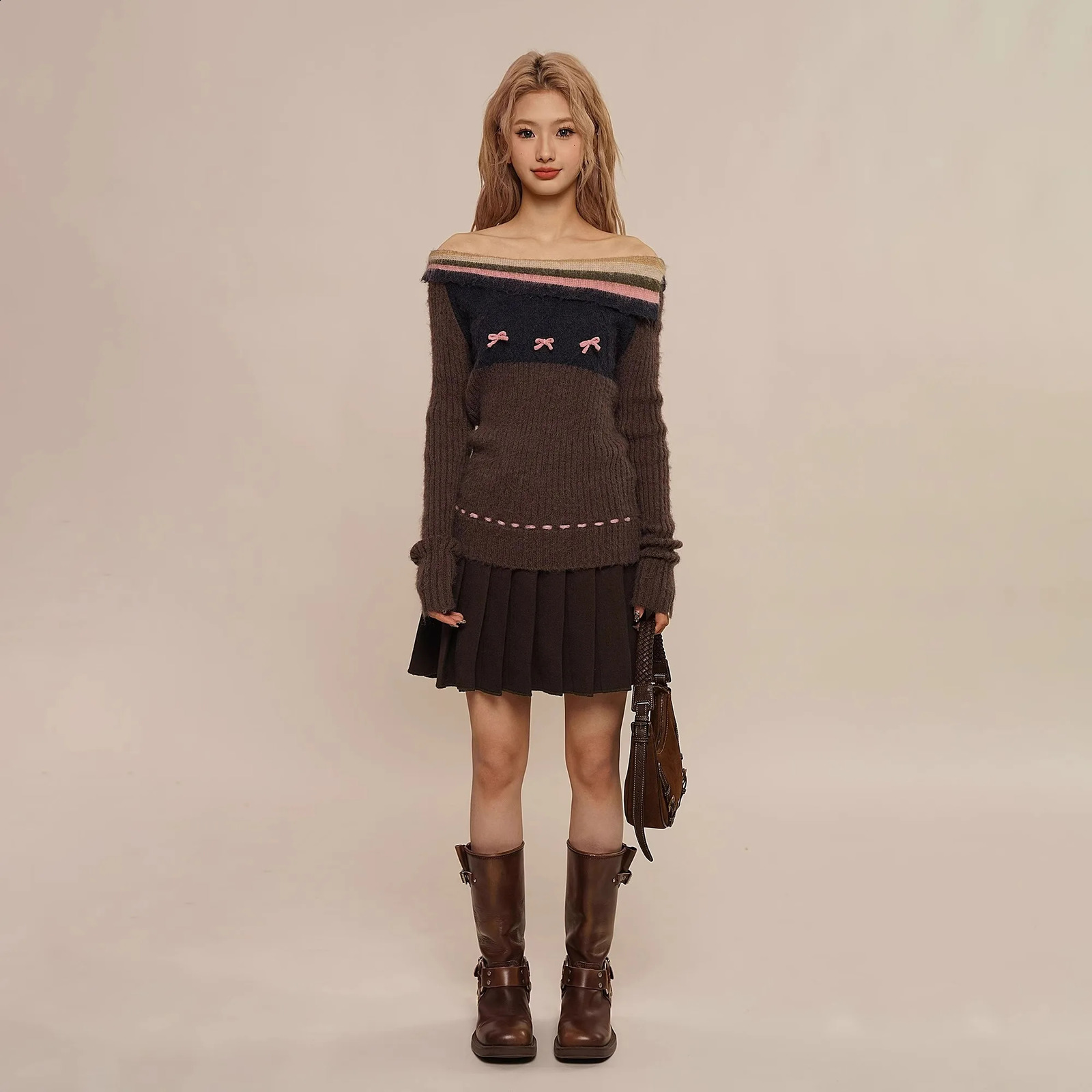 Autumn Winter Preppy Style Sweet Bow Sweater Women Slim Striped Knitted Pullover Loose Korean Fashion Brown High Street Jumper 240812