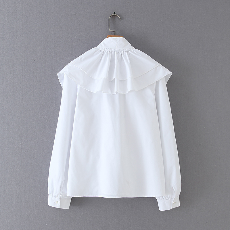Women Chic Bow Tie Collar White Blouse Ruffles Long Sleeve O