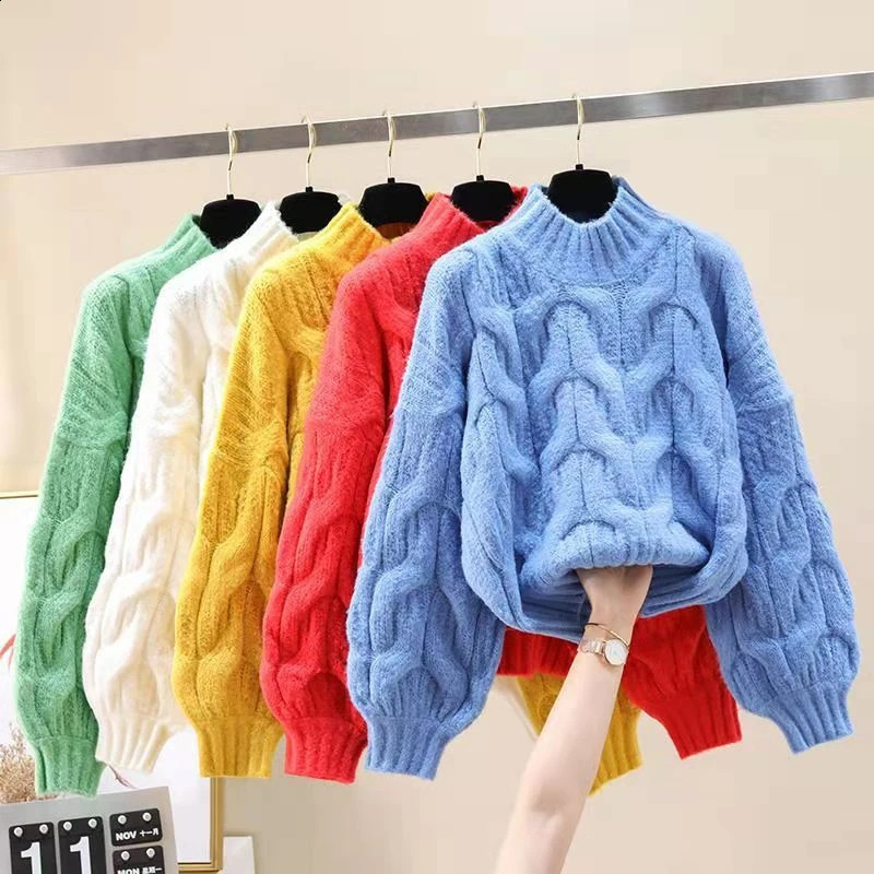 Womens Yellow Pullover Knitted Sweater Harajuku Y2k Long Sleeves Turtleneck Sweater Jumper Vintage 2000s Aesthetic Clothes 240812