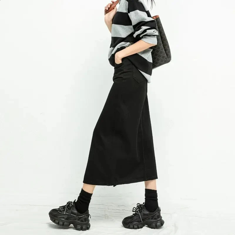 Split Denim Skirt for Women High Waisted Loose A-Line Skirt Korean Elegant Black Skirts 2024 Spring Fashion Mid Length Skirts 240812