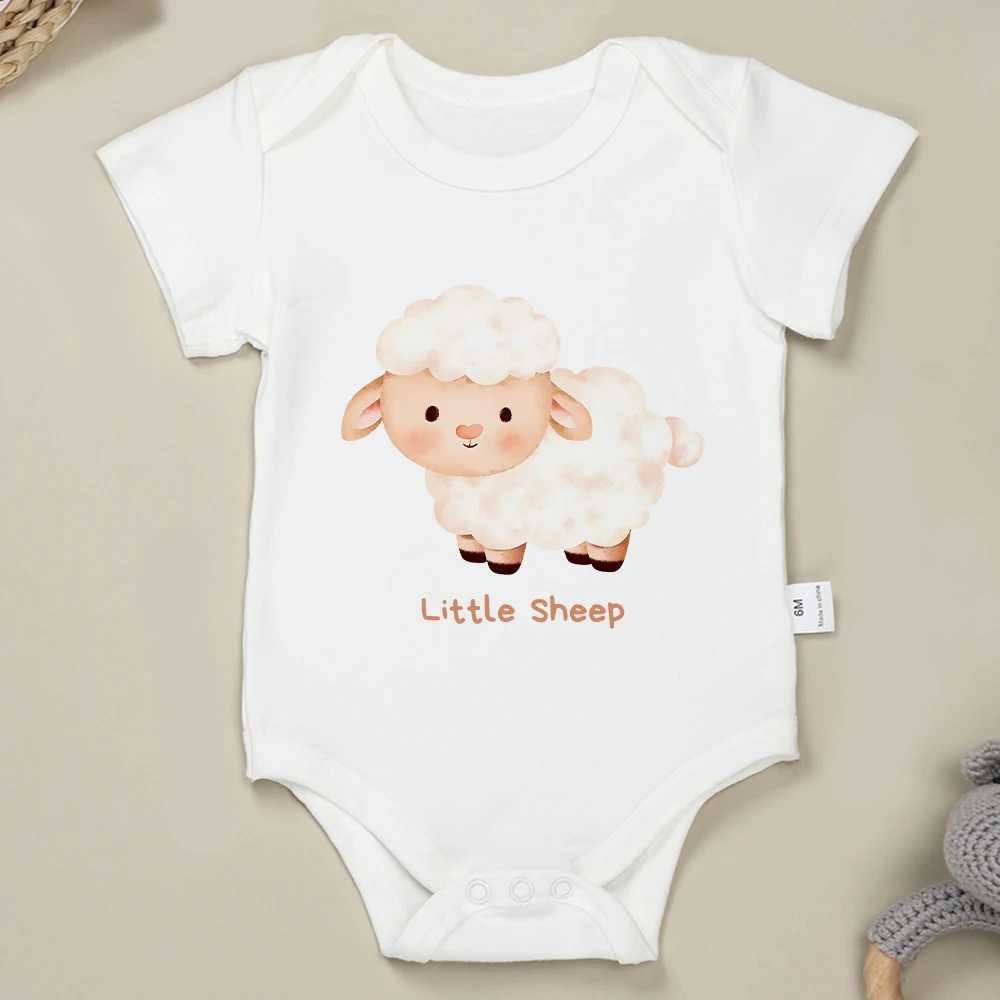 Cute little lamb baby clothing cartoon animal print cotton high-quality newborn tight fitting clothes O-neck short sleeved summer W240812