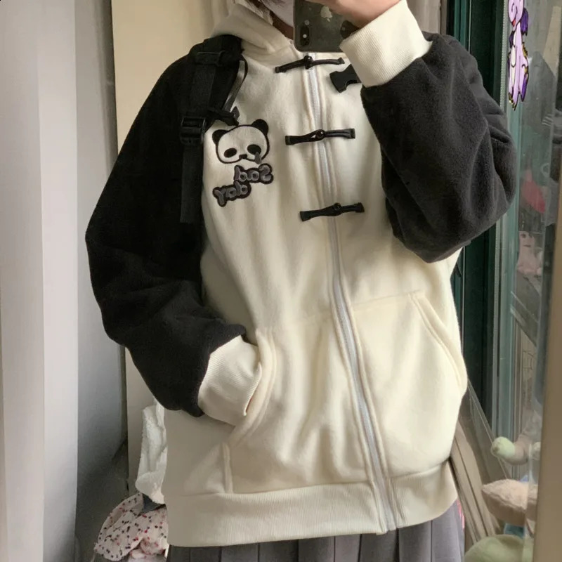 Harajuku Patchwork Chinese Buckle Hoodie Women Kawaii Fashion Zip-Up Streetwear Girls Cartoon Panda Embroidery Cute Sweatshirts 240812