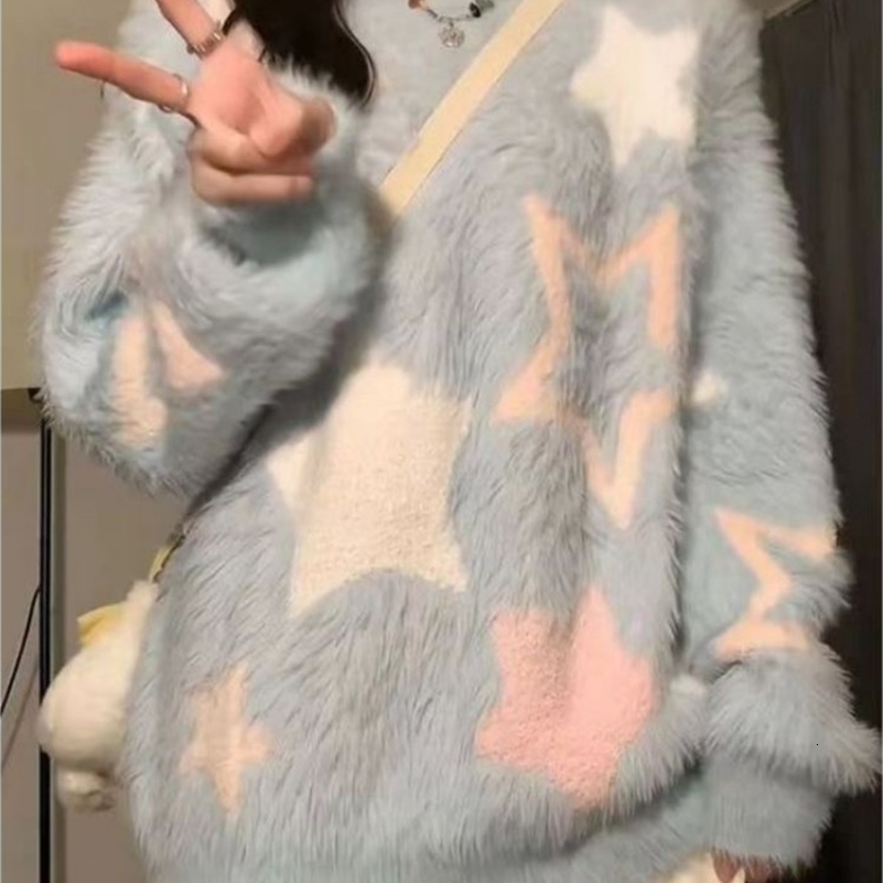 HOUZHOU Autumn Winter Sweet Cute Sweater Women Preppy Style Blue Knitted Pullovers Korean Fashion Y2k Top Loose Casual 240812