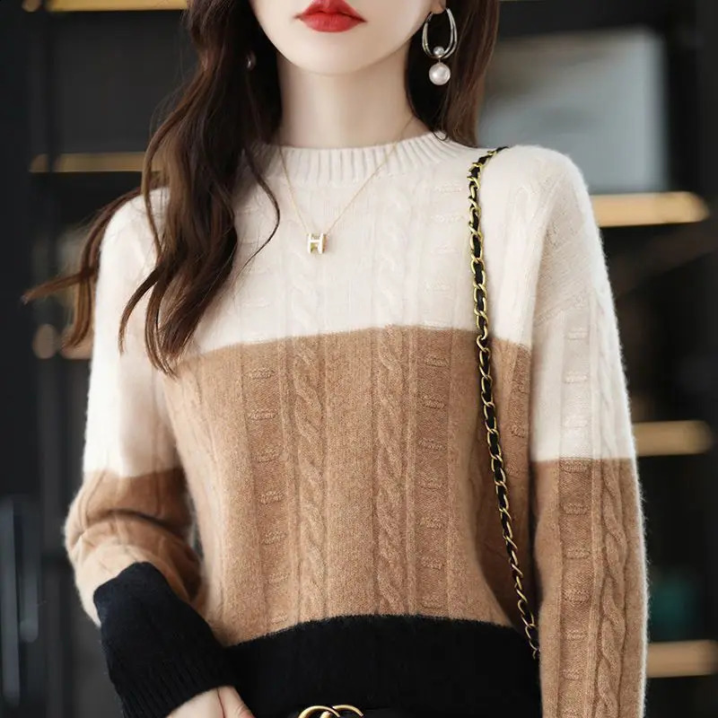 Winter Office Lady Patchwork Knitting Loose O-neck Long Sleeve Pullovers Ladies Fashion Screw Thread Thick Sweater Womens 240812