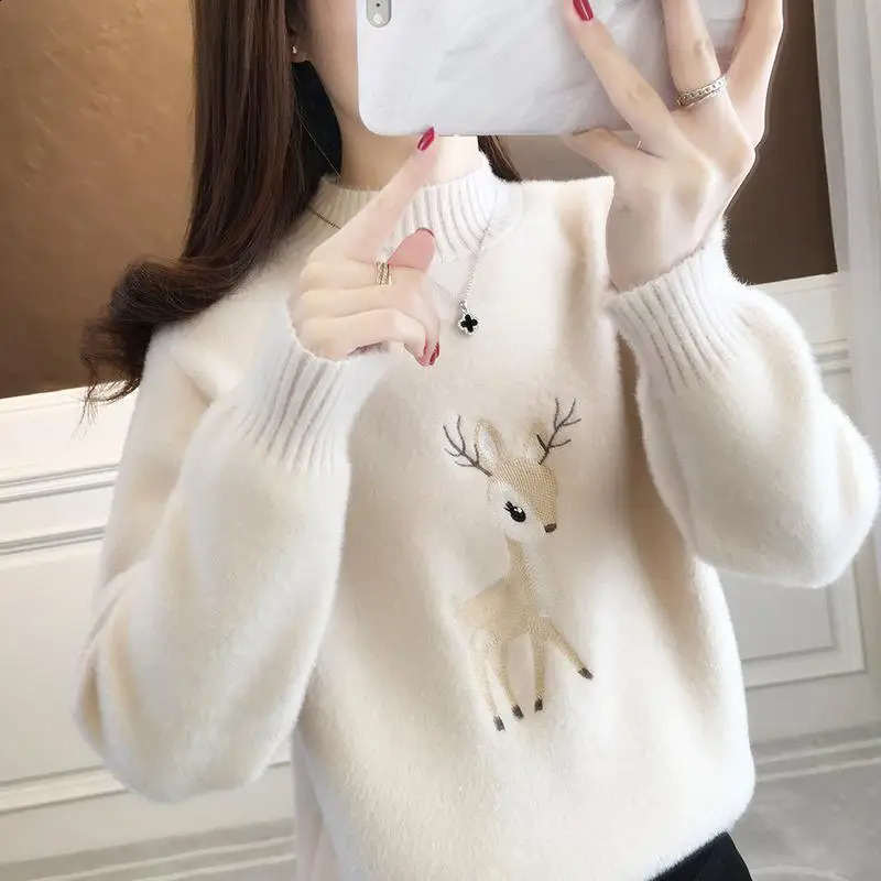 Autumn Winter Womens Fashion Half High Collar Deer Shaped Embroidery Loose Sweaters Casual Versatile Long Sleeve Tops 240812