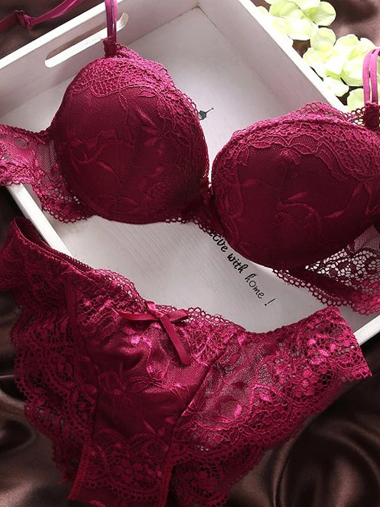 Push Up Bra Lace Bra And Panty Set Womens Embroidery Deep V Lingerie Knickers 240812