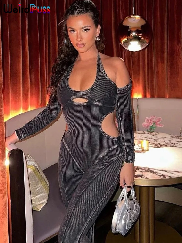 Weird Puss Ribbed Halter Jumpsuit Women Waistless Casual Tight Soft Long Sleeve Skinny Elastic Activity Hipster Fitness Overalls 240813