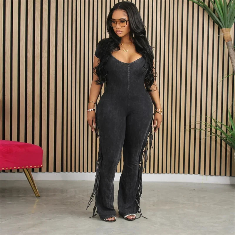 Casual Side Fringe Tassel One Piece Jumpsuit for Women Clothing V-neck Short Sleeve Skinny Flare Pants Rompers and Jumpsuits 240813