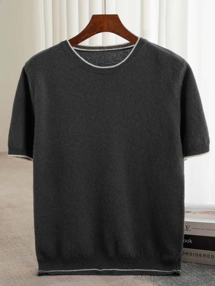 100% Merino wool short sleeved mens round neck floral vest spring and summer solid color knitted half sweater top 240812