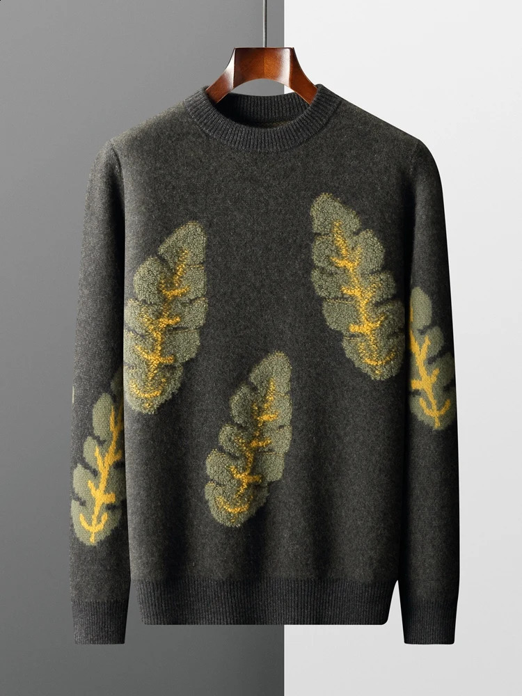 Jacquard Autumn Cashmere Sweater Mens Round Neck Pulling 100% Merino Wool Knitted Casual Fashion Retro Thick Top 240812