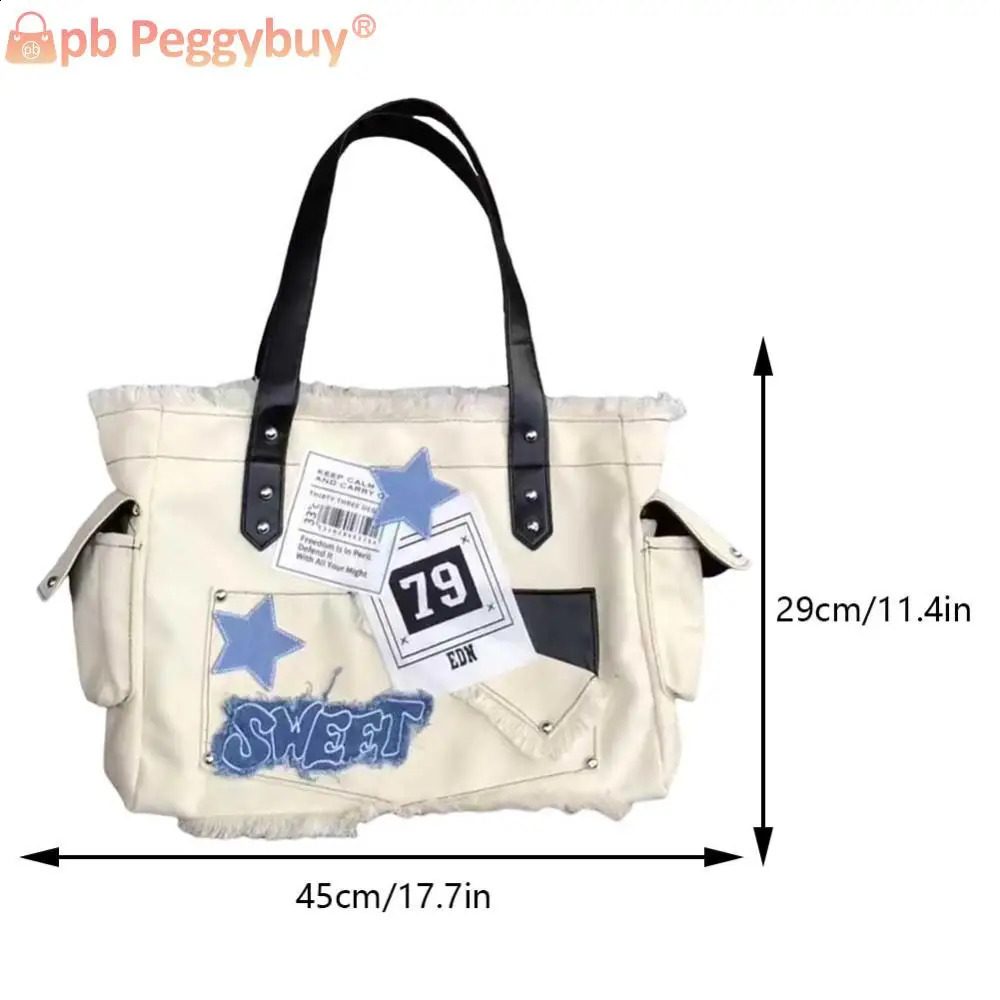 Ladies solid shoulder bag large capacity fashionable homeless with side pockets soft star handbag canvas 240813