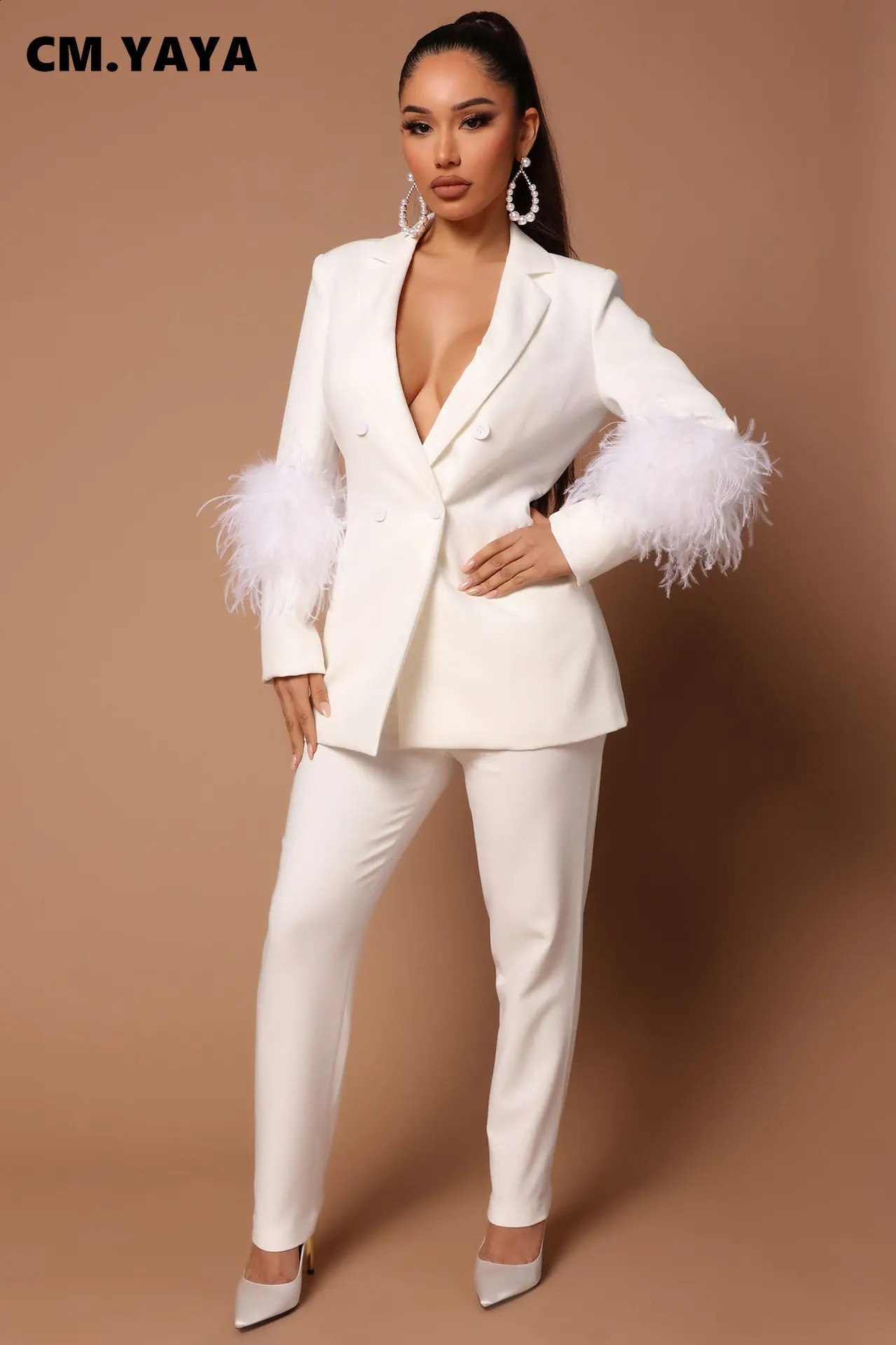 CMYAYA Retro Womens Fur Hem Long Sleeve Jacket Set and Pants Chic OL Fashion Two Piece Basic Sportswear 240812