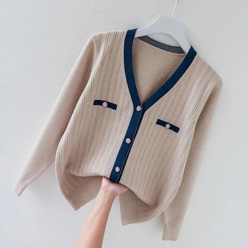 Womens clothing fashion casual Vneck sweater spring and winter comparison cardigan wool office womens long sleeved soft comfortable top 240812