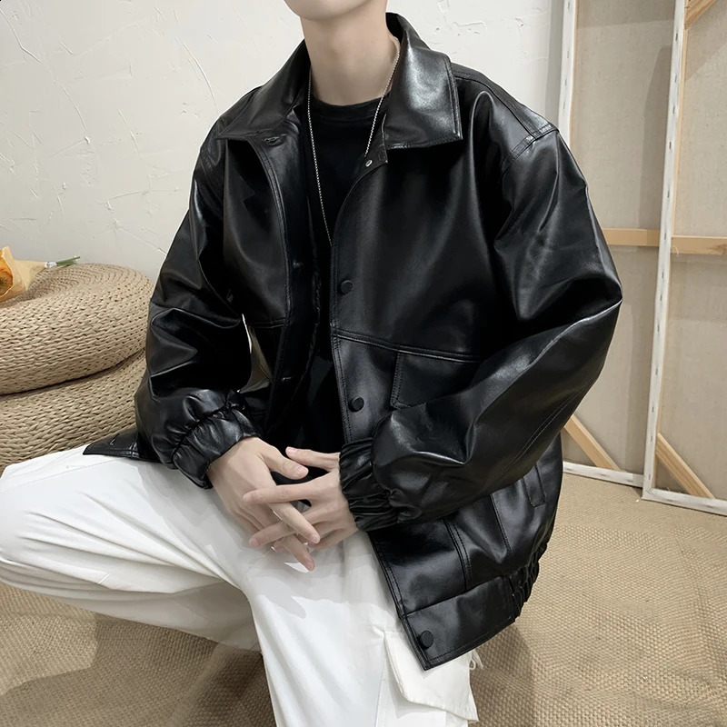 Jackets Men Pu Leather Retro Pockets Loose Korean Style Trendy Outwear Plus Size Cargo Tactical Daily Handsome All-match Clothes 240812