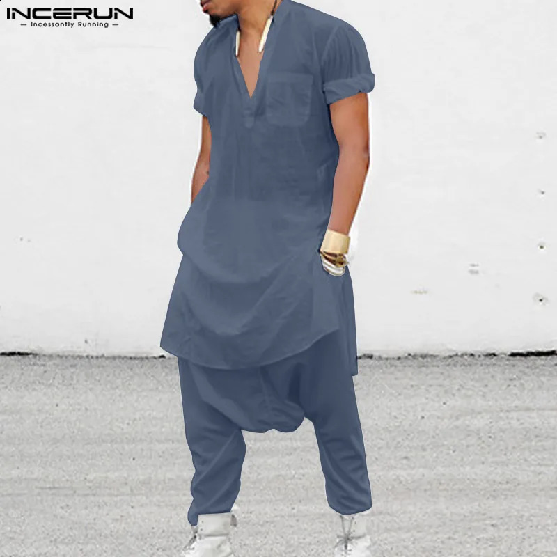 Casual Simple Style Suit INCERUN Mens Suit Solid Short Sleeve Side Slit Medium Length Robe Trousers Muslim Two-piece Sets S-5XL 240813