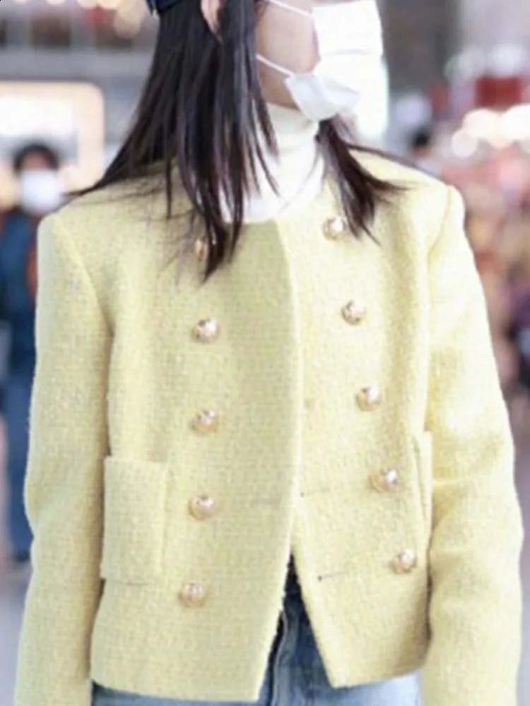 UCXQ Korean Style O Neck Double Breasted Coarse Tweed Short Jacket Elegant Yellow All Match Coat Women Spring Autumn 3A7801 240812