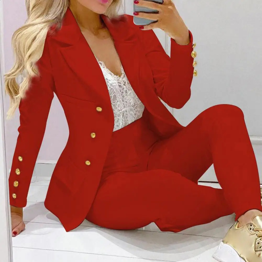 2pieceset long sleeved skin friendly twopiece solid color jacket set for womens business suit 240812