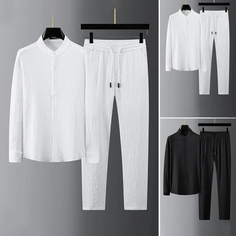 Two Piece Set Autumn Men Top Pants Pleated Solid Color Stand Collar Single Breasted Relaxed Fit Shirt Trousers Streetwear 240813