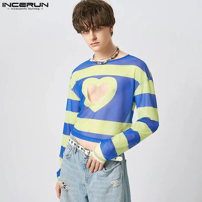 INCERUN Tops American Style Mens Hollowed-out Love Pattern Camiseta Fashion Casual Printed Long-sleeved T-shirts S-5XL 240812