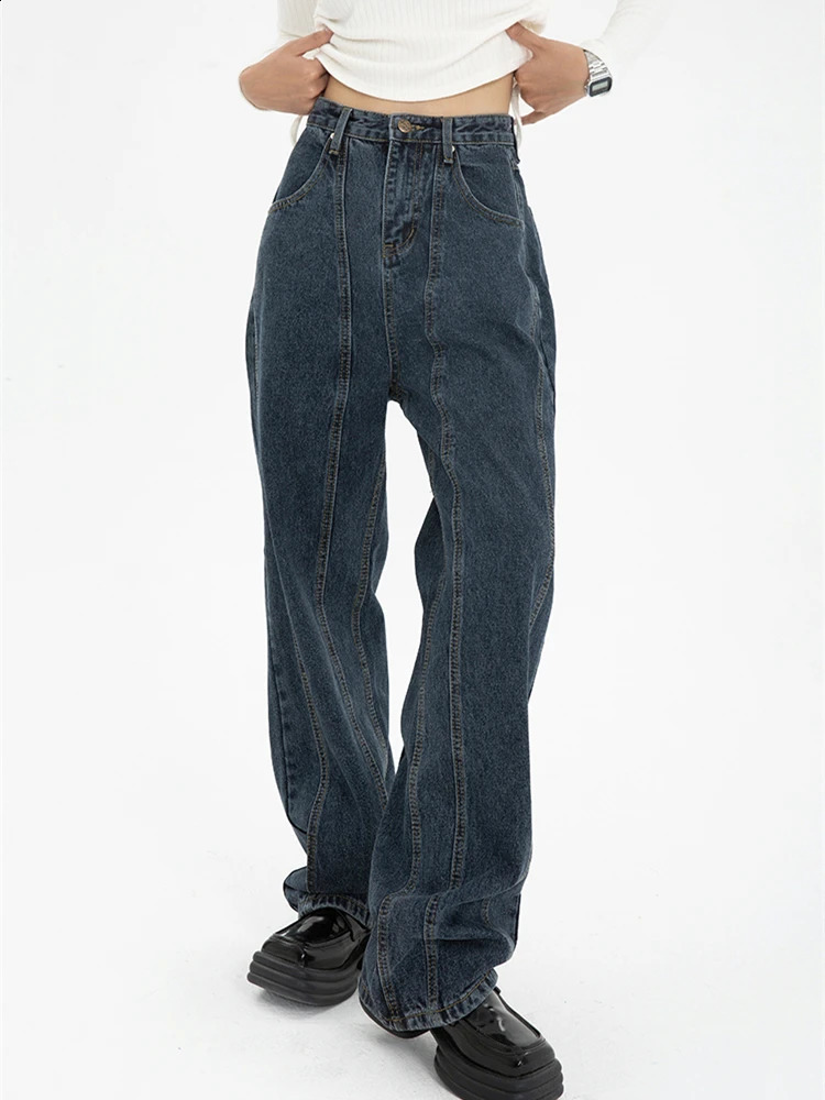 Dark Blue Womens Jeans High Waist Vintage Straight Baggy Denim Pants Streetwear American Style Fashion Wide Leg Denim Trouser 240812