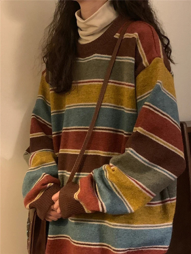 Japan Retro Bf Striped Sweater Harajuke Streetwear Oversize Knitted Pullover Fall Winter Casual Preppy Style Vintage Tops 240812