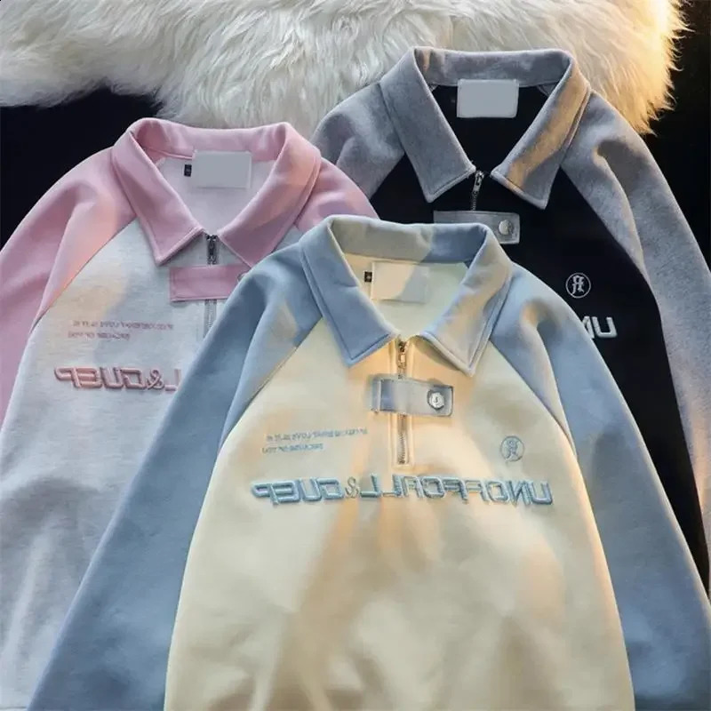 College Style Half Zip Up Hoodie POLO Collar Harajuku Sweatshirt Autumn Contrasting Raglan Sleeves Top Streetwear Women 240812