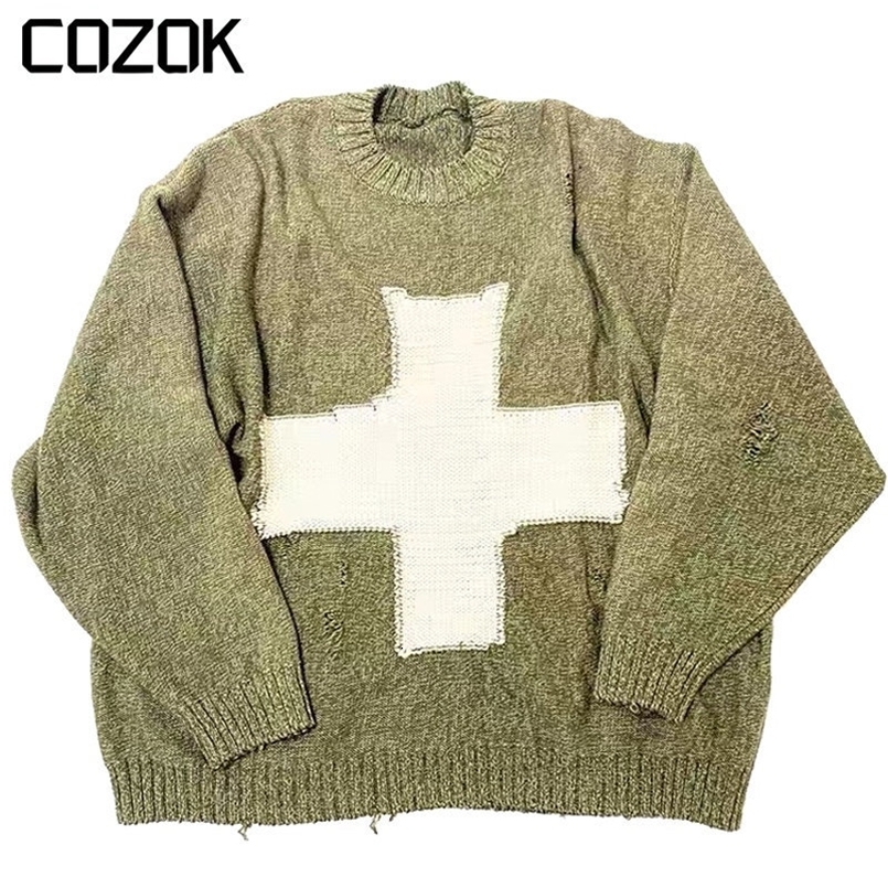 KAPITAL Vintage 1 1 Sweater Men Green Loose Cross Pattern Woman High Quality High Street Damage Hole Oversized Knitted Sweater 240812