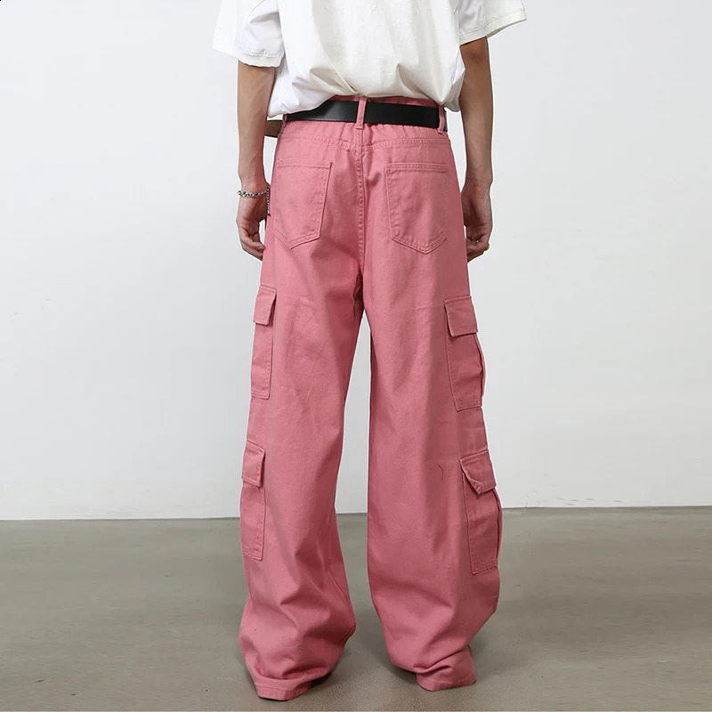 Hip Hop Street Clothing Product Pants Mens High Wide Leg Full Length Middle Waist Straight Multi Pocket Pink Trouser 240812