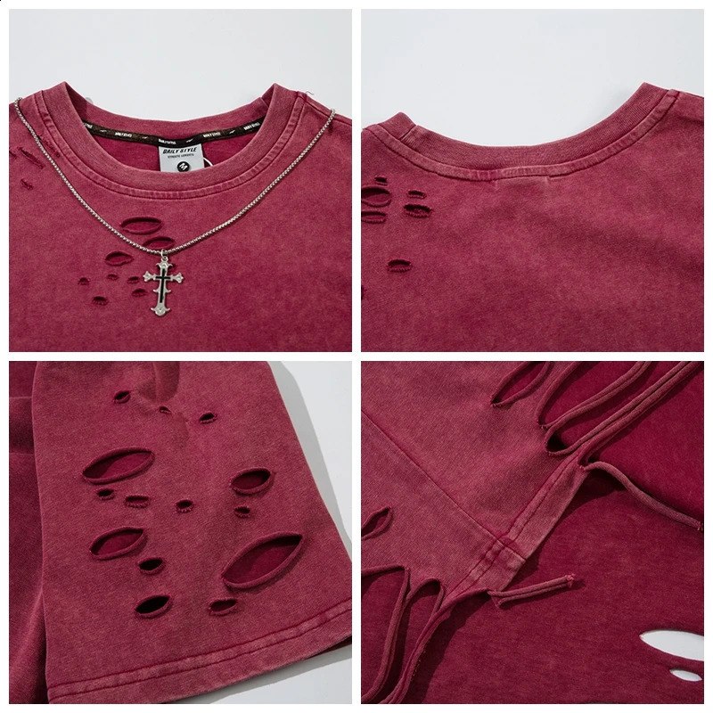 Summer Washed Destroyed Tops and T-shirts Retro Distressed Necklace T-shirt Harajuku Oversized Lazy Ripped T Shirt 240812