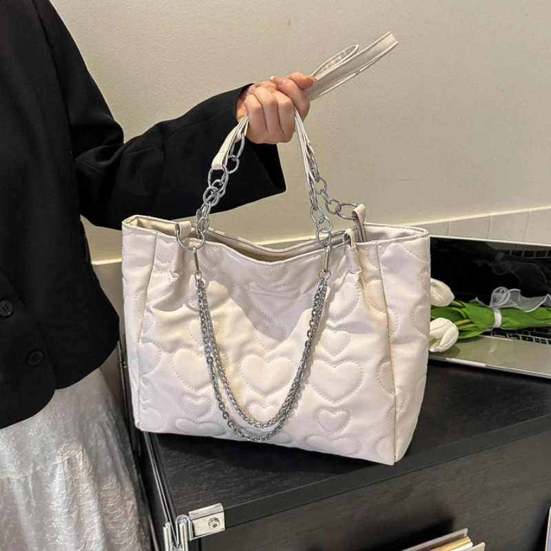 Peach Heart Chain Canvas Bag Women 2024 Fashion Sweet and Cute Tote Student Class Large Capacity 240812