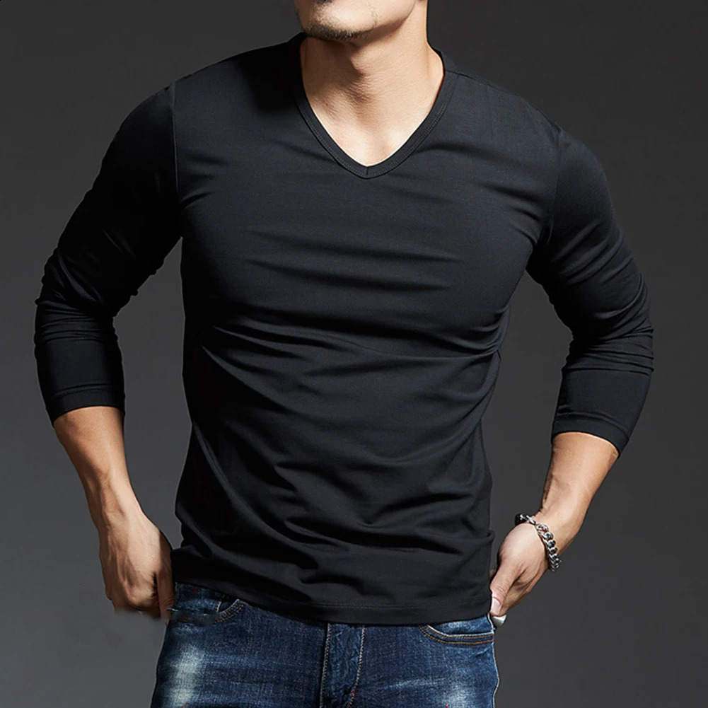Men's T-Shirts Men's Tees & Polos Casual Mens Long Sleeves V Neck Slim T-Shirt Solid Color Activewear Tops Tee Undershirt Free shipping Men&