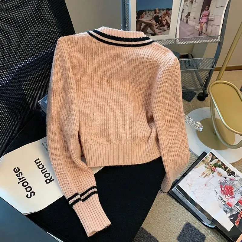 HOUZHOU Korean Vintage Sweaters Autumn Old Money Style Women V-neck Embroidery Knitted Top Winter Preppy Long Sleeve Pullovers 240812