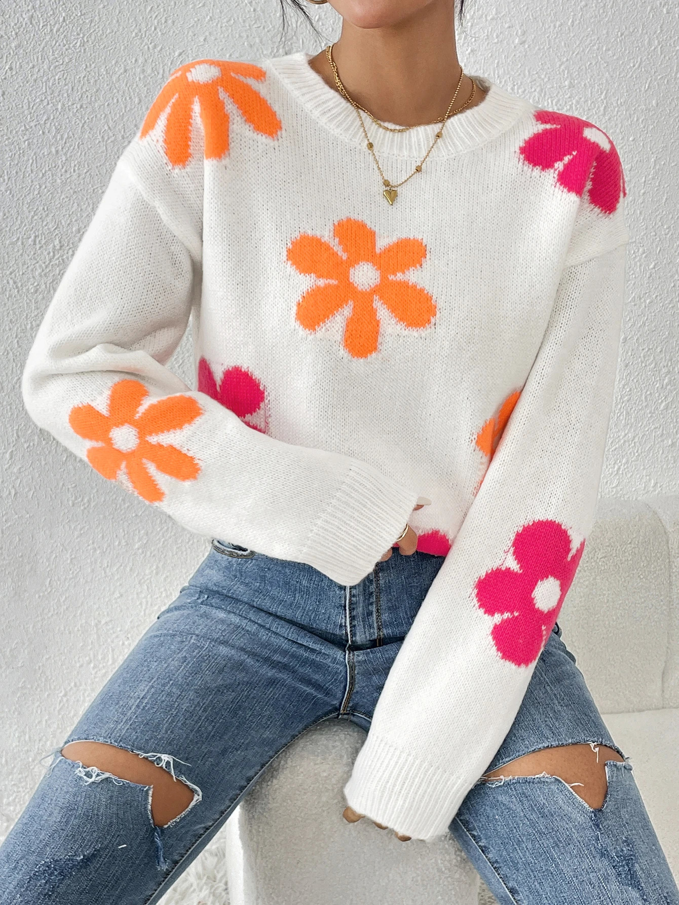 Crew-neck pullover color loose slimming long-sleeved sweater small slim fit top 240813