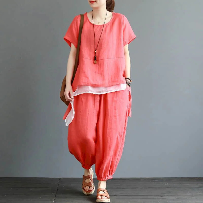Cotton Linen Pants Sets Oversized O-neck Short Sleeve T-shirt and Harem Pants Women Summer Vintage Casual Loose Two Piece Set 240813