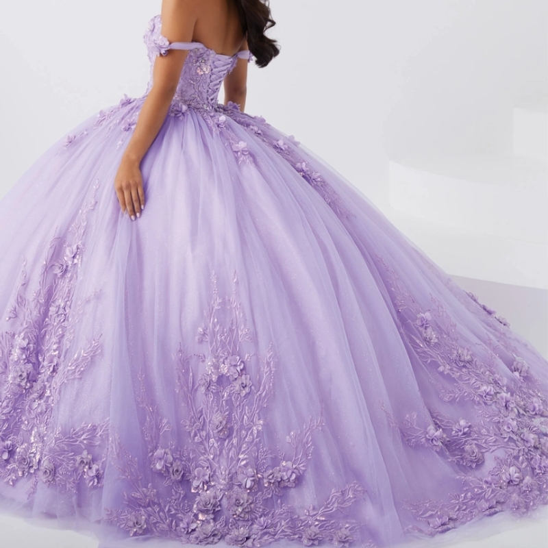 Lilac Shiny Quinceanera Dresses Ball Gown Birthday Gowns Off The Shoulder Lace Appliques Tull Corset Sweet 16 Dress vestidos de 15