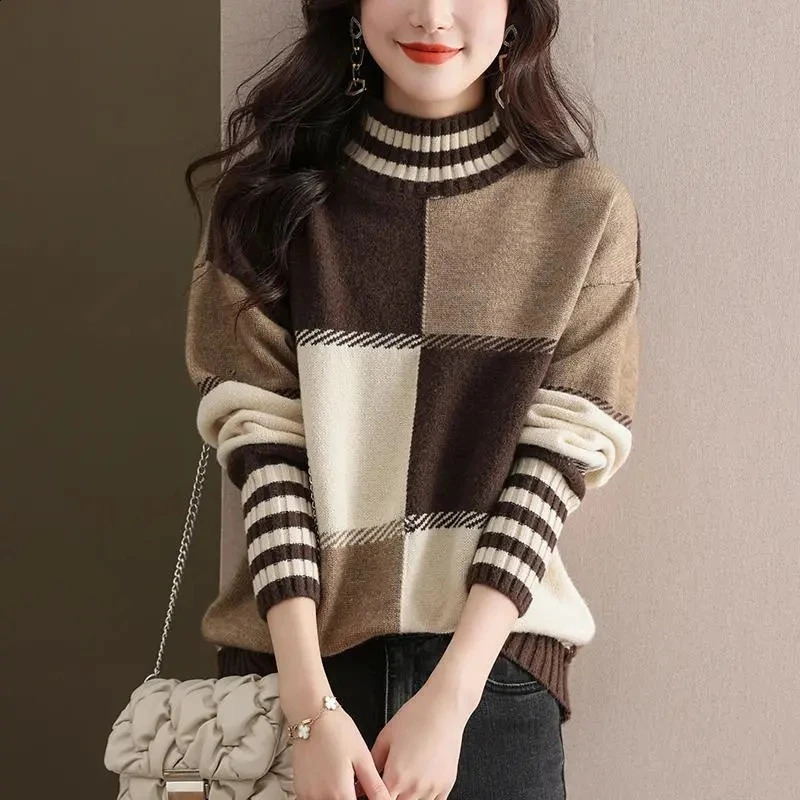 Womens Jumper Plaid Patchwork Turtleneck Sweater Autumn Winter Loose Casual Long Sleeve Thick Knitted Top Female Wool Knitwear 240812