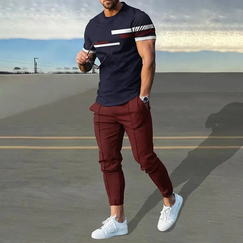 Summer Male Loose Casual Printing T-shirt Elastic Waist Pants Set Men Short Sleeve Street Style Pullover Tee Sweatpants Homme 240813