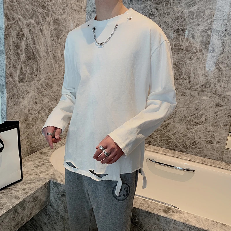 Mens Ripped T Shirt Top Tee Fashion Spring Hollow Holes Long Sleeve T-Shirt Personalized Chain Decoration Loose Shirts 240812