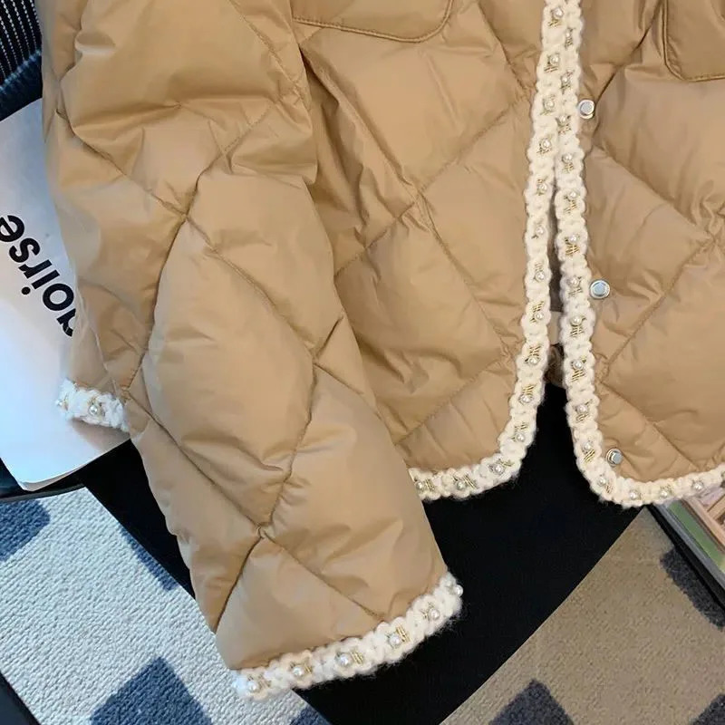 Xpqbb Korean Style Down Cotton Padded Jackets Women Autumn Winter Lightweight Warm Parkas Woman Fashion Pearl White Parka Coat 240813