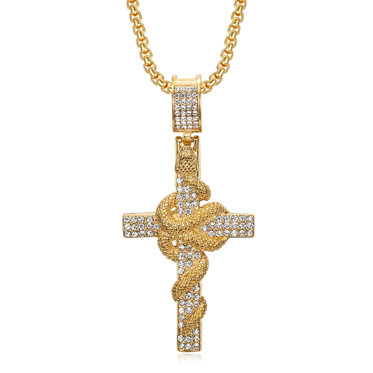 Retro Fine Snake Dish Cross Pendant Necklace 316L Stainless Steel Gold Plated Fashion Jewelry Non-fading Not Sensitive Men Jewelry