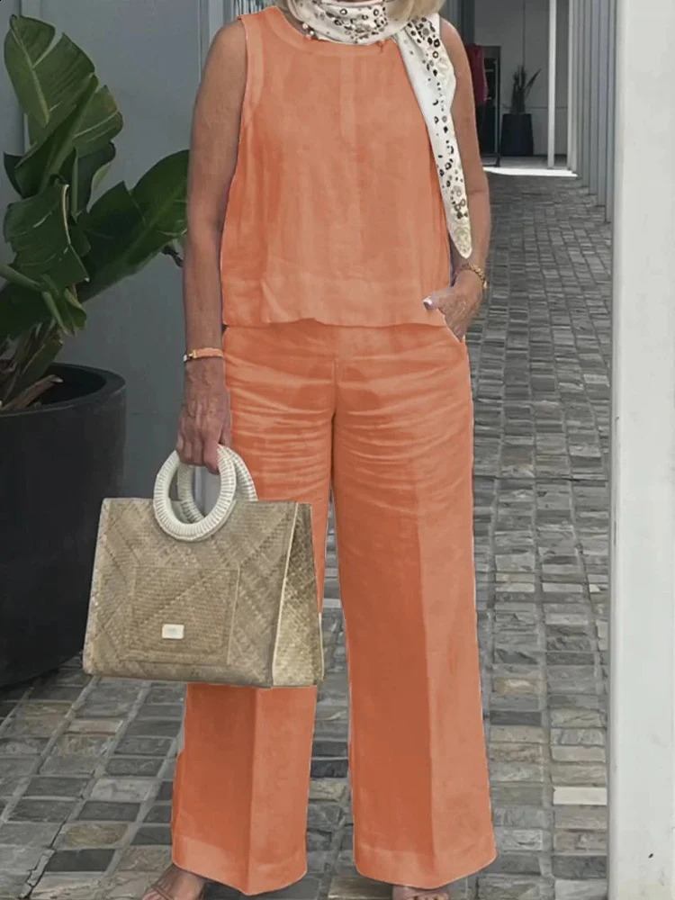 Suit For Women Summer O-neck Tank Top Wide-leg Pants Two Piece Set Female Casual Outfits Solid Ladies 2024 Summer Clothing 240813