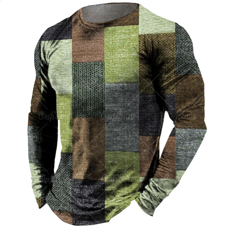 Vintage Mens Long Sleeve T-Shirt Patchwork Tees Tops Plaid T-Shirt For Men 3d Striped Printed Clothing Oversized Streetwear 5xl 240812