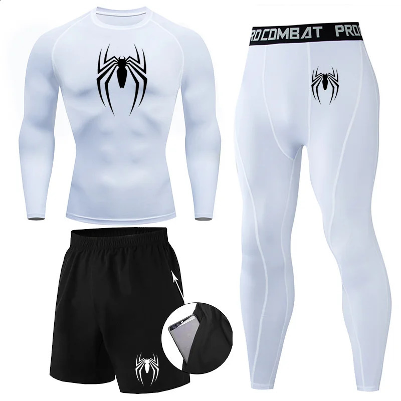 Men 3Pc Set Compression Sports Suit Spider Thermal Underwear Long Johns Clothes Running Tracksuit Wear Exercise Workout Tights 240812